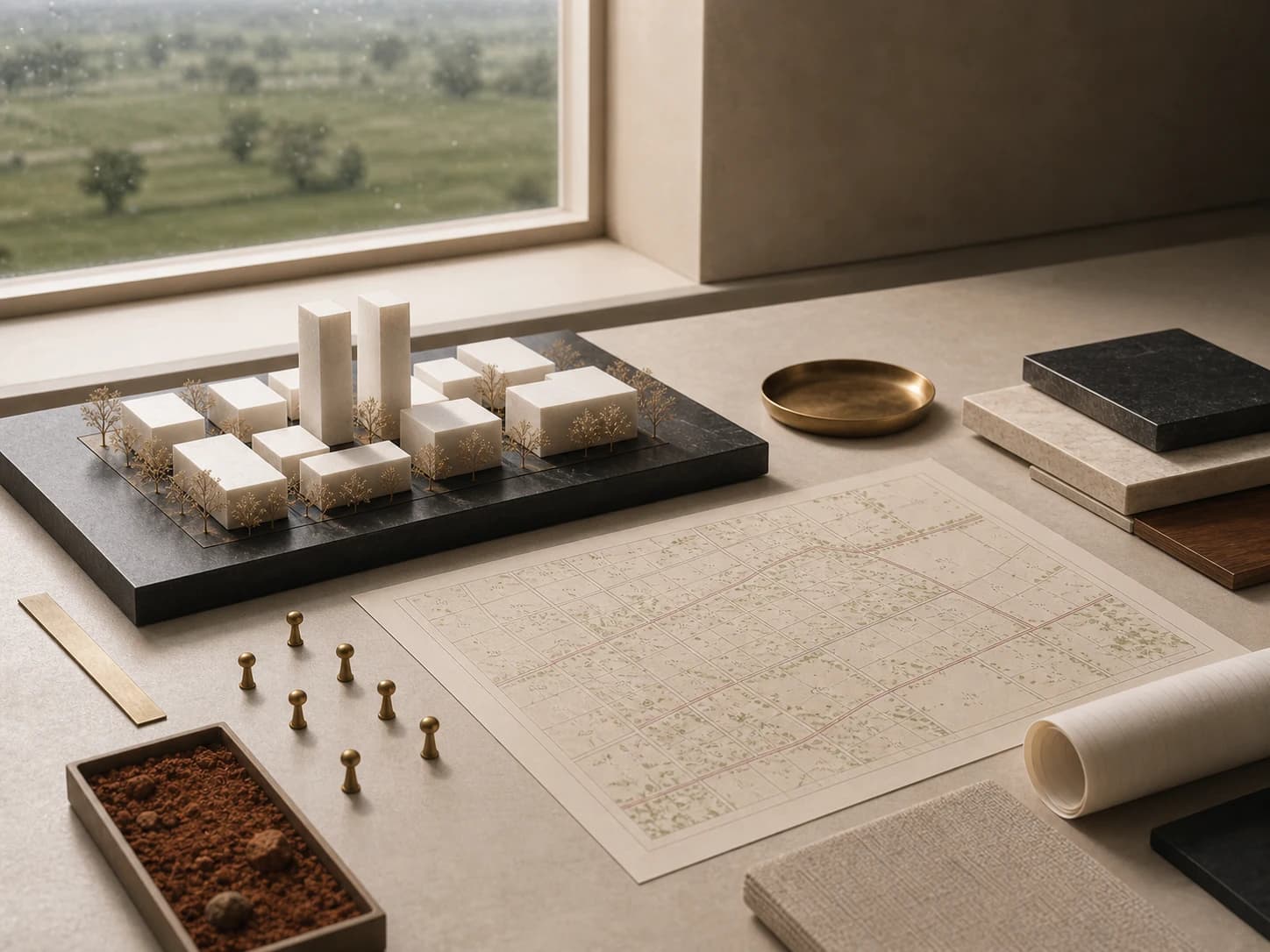 Architectural model, cadastral map, survey pins, and red soil samples for developer land planning