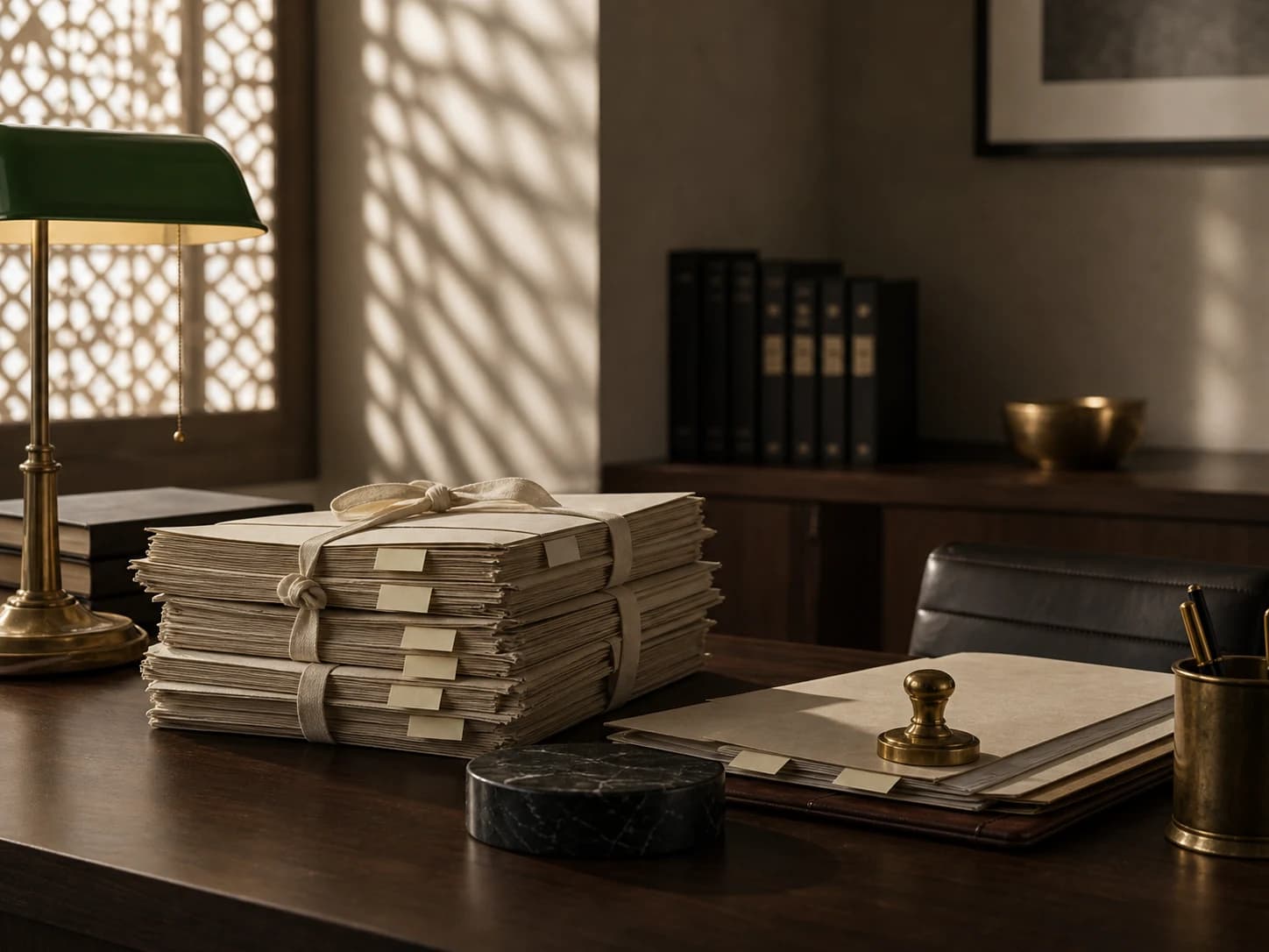 Indian legal-finance desk with tied property deed folios, brass seal, and jali shadows