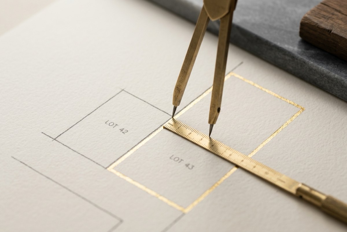 A macro detail of two adjoining plot boundaries on off-white paper, where a precise brass draftsman's divider and a thin graduated rule brid