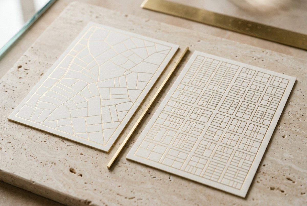Two slim premium cards laid side by side at a slight angle on warm off-white stone — one bearing a fine gold cadastral field-parcel outline