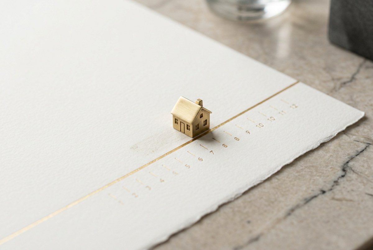 A macro detail of a single property boundary drawn as a crisp gold line across matte off-white paper, where a thin brass marker has been qui