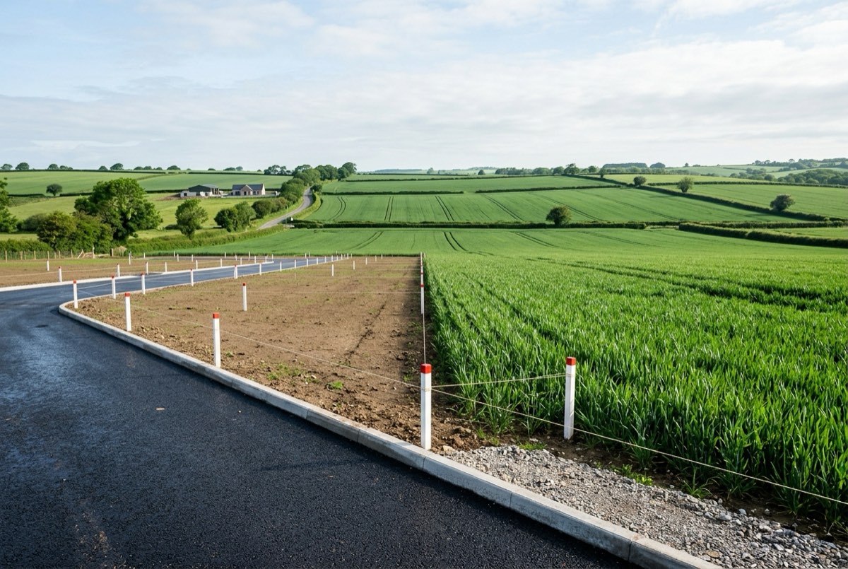 A ground-level view at the clean, deliberate edge where lush green cultivated farmland meets a newly demarcated modern residential layout —