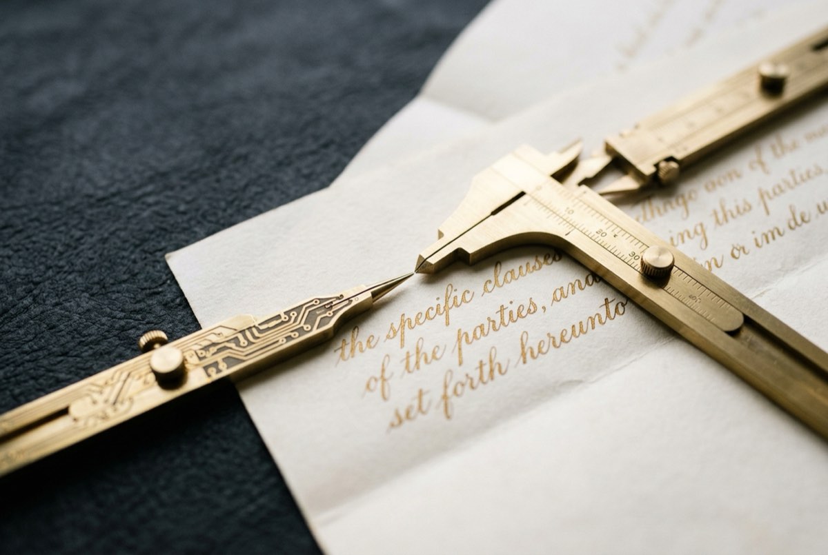A macro detail on charcoal of two slim brass measuring calipers laid across a folded deed, their fine tips meeting exactly on a single gold-