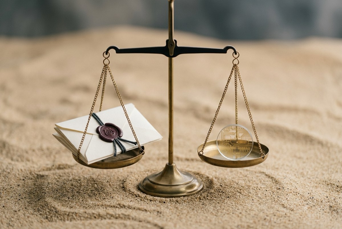 A balanced brass scale on warm sand, one shallow pan holding a small stack of folded legal documents and a wax seal, the opposite pan holdin