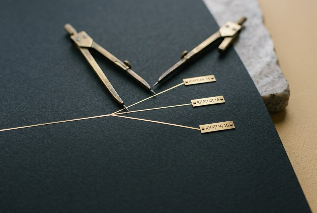 A macro detail of a single plot boundary where three thin gold survey lines for one parcel diverge by a hair's breadth across charcoal-tinte