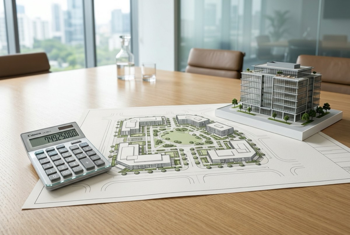 A clean meeting-table detail: a site plan, a calculator and a small modern building model arranged neatly, bright professional daylight