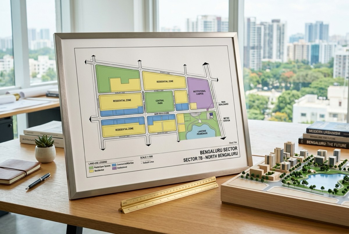 A crisp framed master-plan layout sheet of a Bengaluru sector resting on a planning desk beside a brass scale ruler and a small architectura