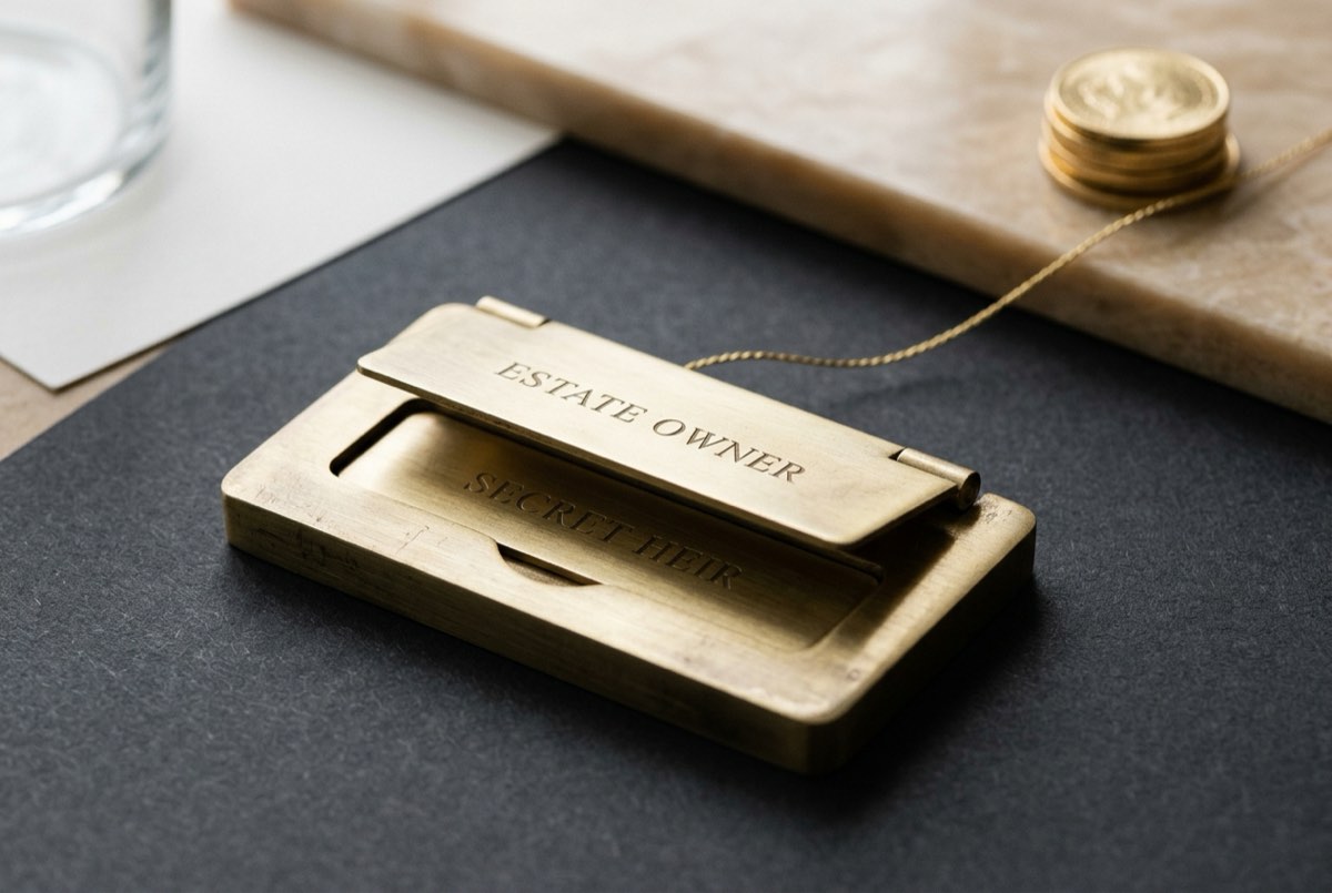 A macro detail on charcoal of a brass property deed-holder where the engraved owner's name-plate is a thin hinged brass plate that lifts to