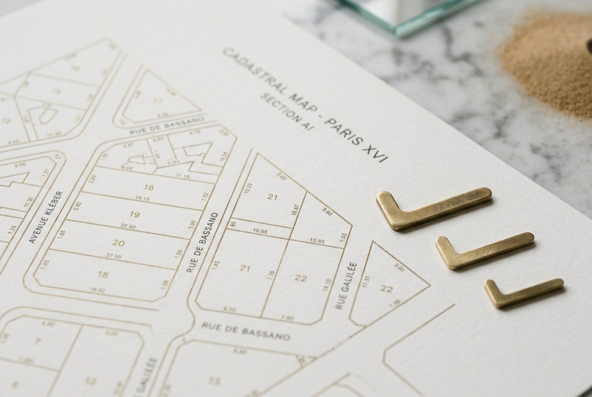 A macro detail of a fine gold-line cadastral plot map laid flat on off-white matte paper, with three slim brass checkmark tokens of decreasi