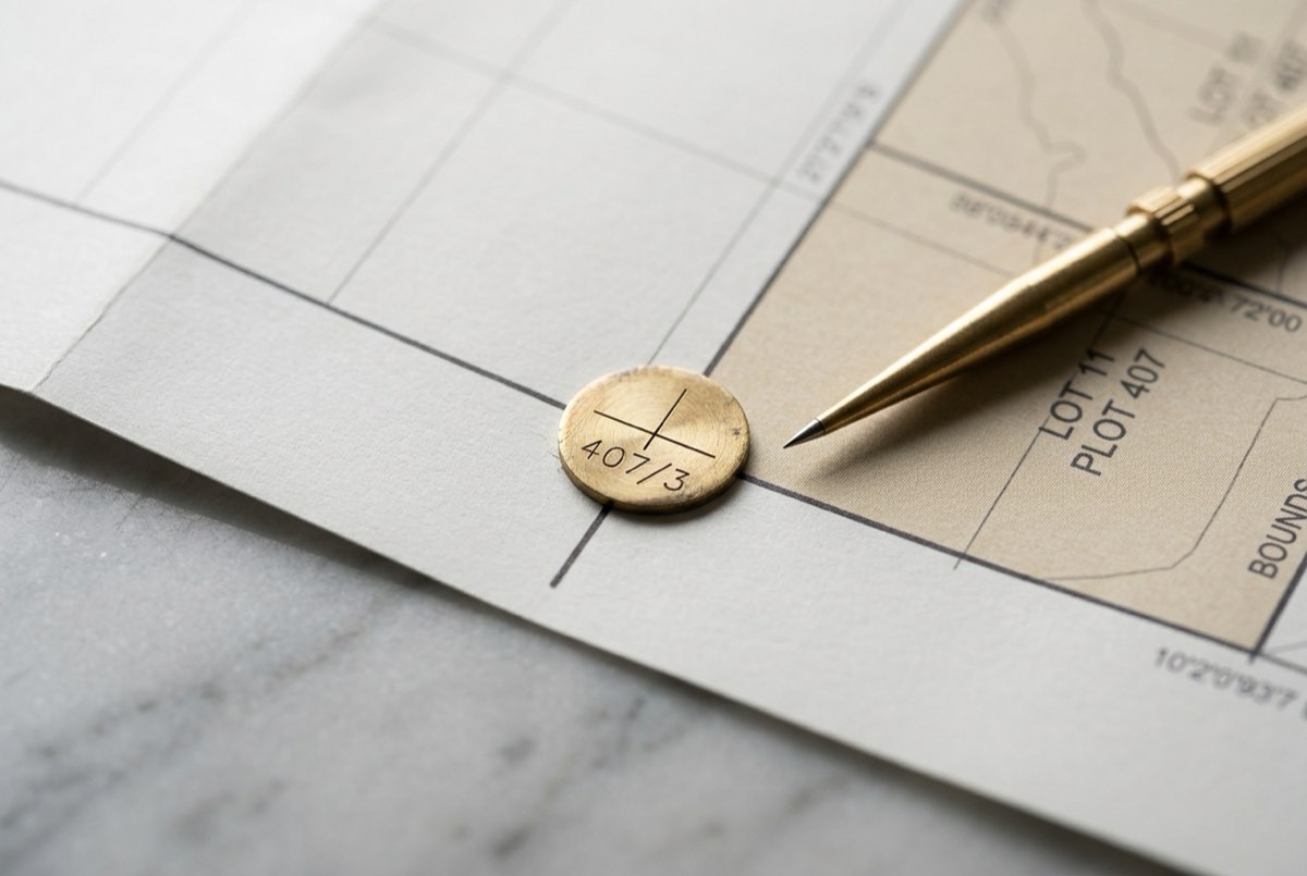 An extreme macro of a single small brass plate engraved with fine survey-number digits and a tiny crosshair, resting at the meeting point of