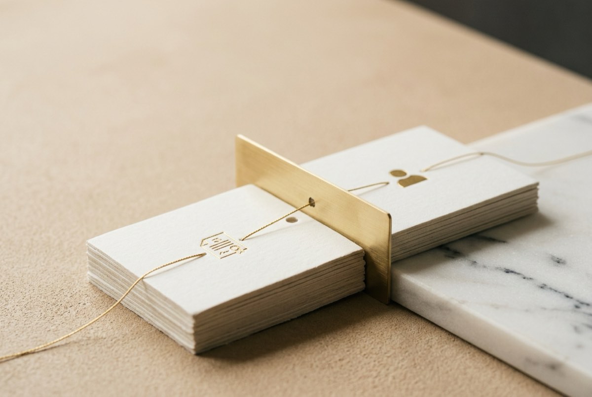 A warm-sand tabletop macro of a slim brass register tab divider standing upright between two stacks of matte off-white cards, the front stac