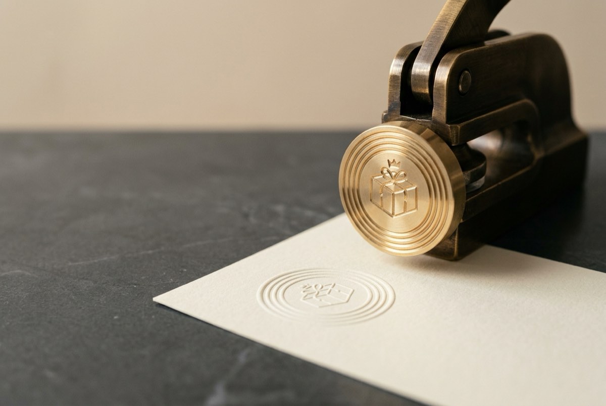 A macro detail of a heavy brass embossing seal-press poised over the corner of an official document, its engraved roundel of concentric ring