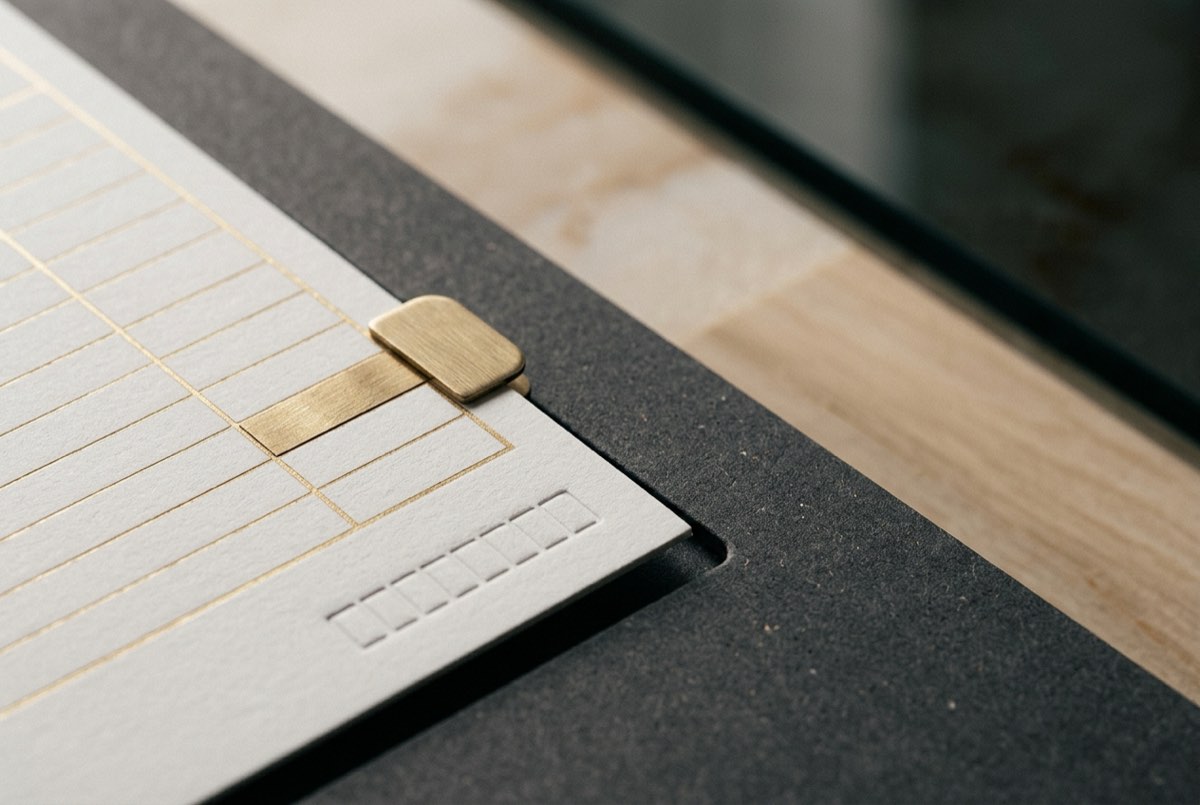 A tight macro on charcoal of a single matte-paper RTC card lifted just above its slot, the leftmost ledger column rendered in fine brushed-g