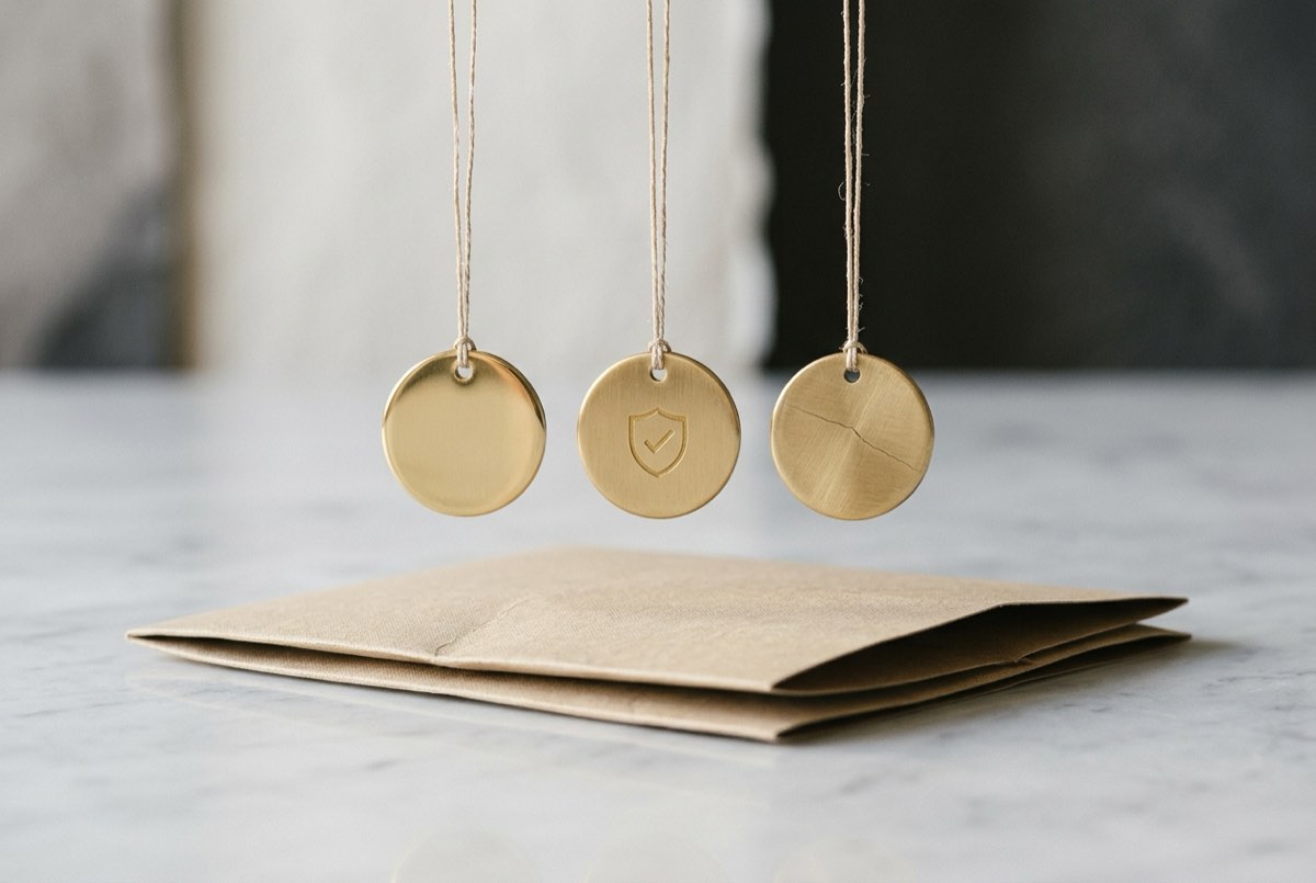 A close macro detail of three small brass tags hanging on fine threads above a folded warm-sand deed — one tag clean and polished, one engra