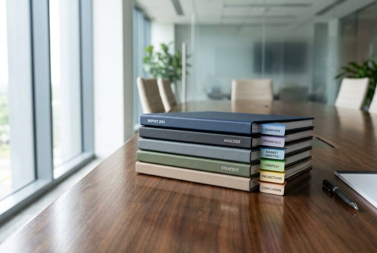 A neat stack of professional bound report folders with tabbed dividers on a polished conference table, soft daylight catching the edges