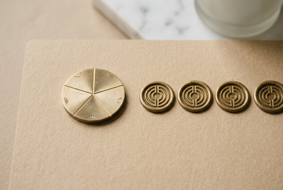 A macro top-down view on warm sand-toned paper of a single brass coin being divided by thin engraved gold radial lines into several precisel