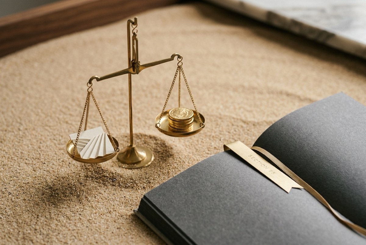 A macro tabletop detail on warm sand: a precise brass scale balances a tiny folded paper field-furrow motif on one pan against a small stack
