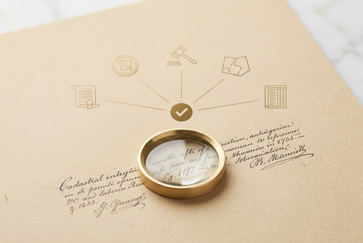 A tight macro on warm sand-colored paper: a small brushed-gold magnifier ring sits over a single line of a cadastral record, while around it