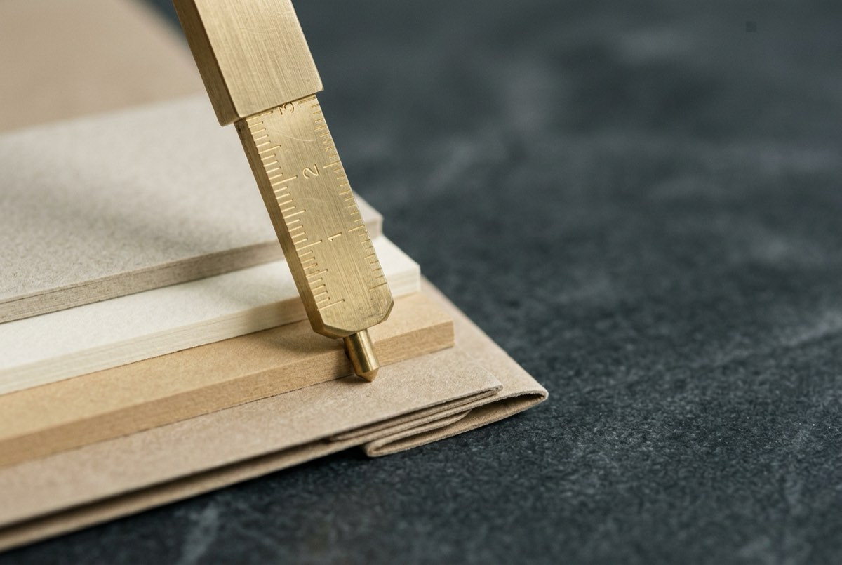 A macro detail of a precision brass depth-gauge resting on the edge of a folded deed, its engraved gold tick-marks measuring three stepped t