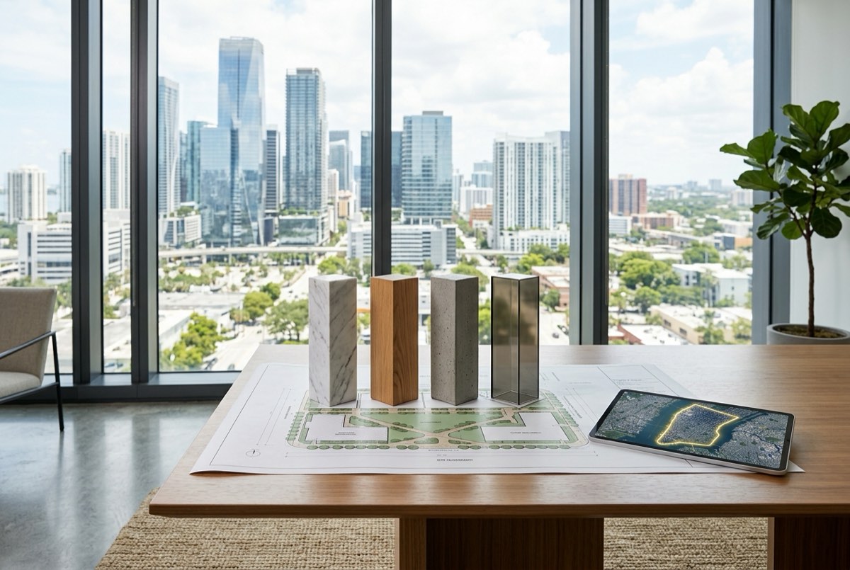 A developer's planning table beside a floor-to-ceiling window overlooking a modern city skyline: a crisp master-plan layout drawing of the p