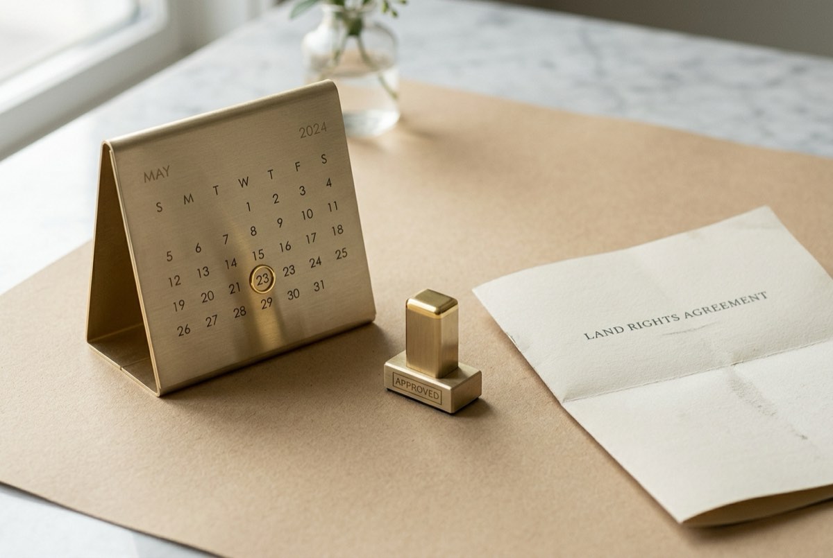 A close macro of a minimalist brass desk calendar standing beside a small gold-cornered correction stamp and a folded land-rights document