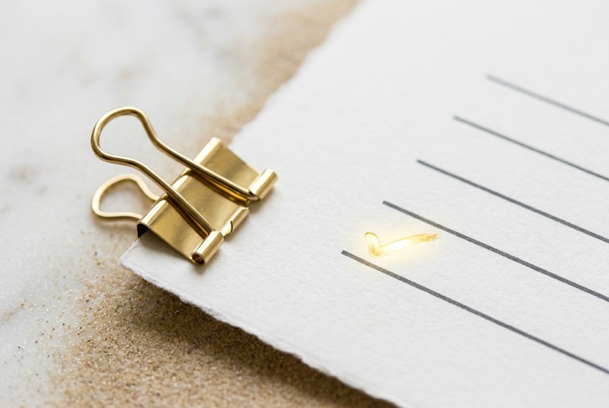 A tight macro of one document corner held by a single polished brass binder clip, beside a short vertical checklist where the rows are clean