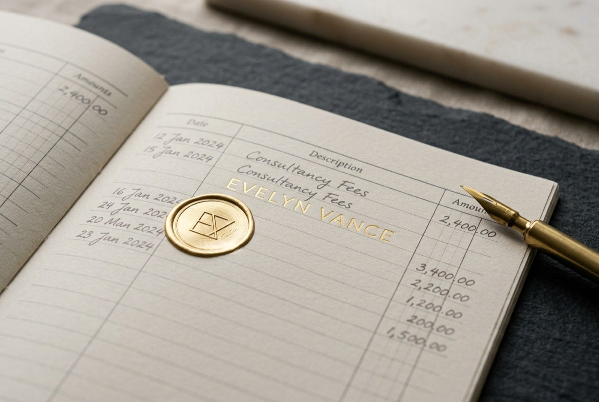 A tight macro of an open revenue-ledger page on charcoal, where a fresh brushed-gold stamp has just been pressed beside one transferred owne