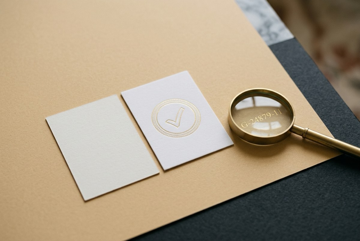 A macro detail on warm sand paper of two small certificate cards meeting edge to edge — one plain matte, the other embossed with a delicate