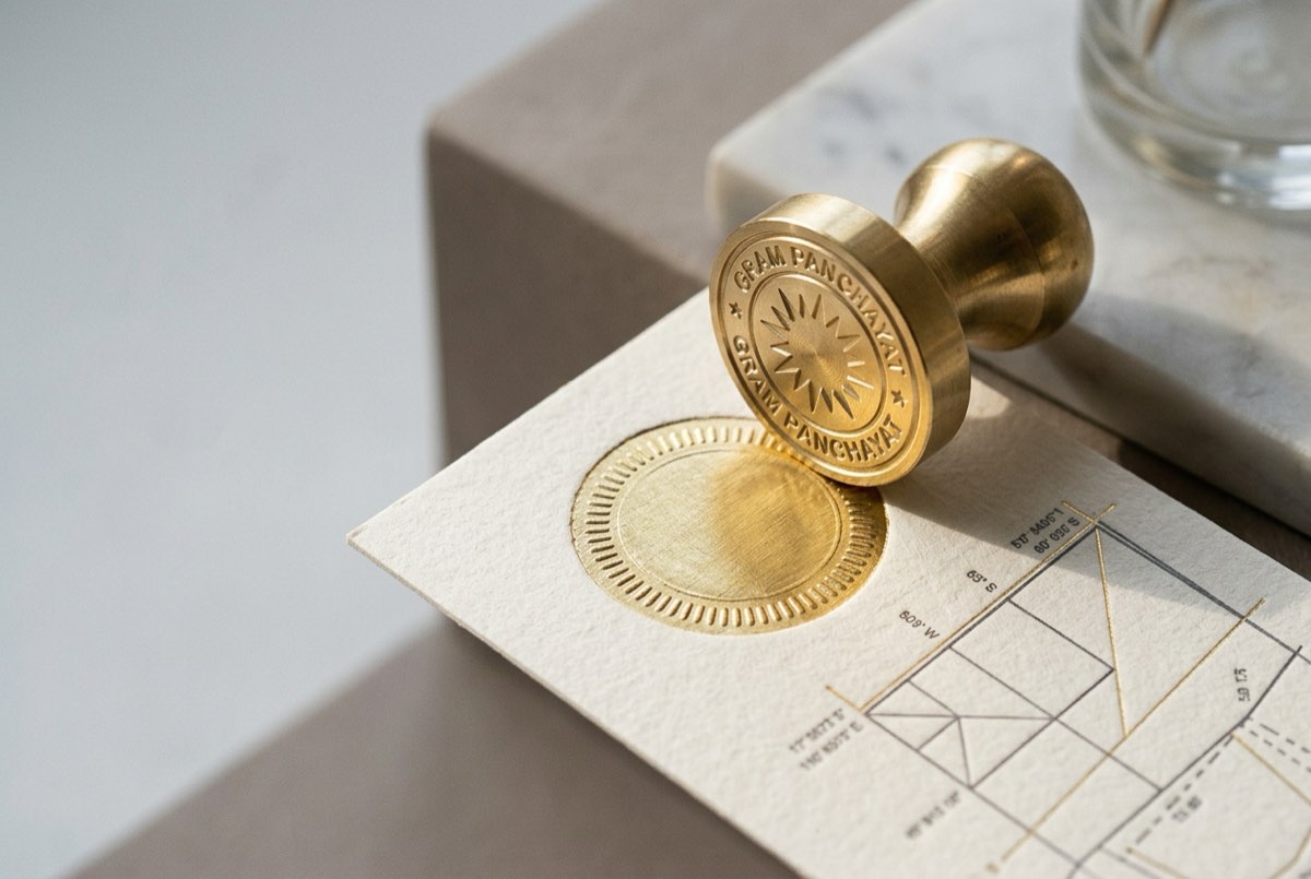 A macro detail of one certificate corner where an embossed brushed-gold panchayat seal is being pressed by a polished brass embosser, raisin