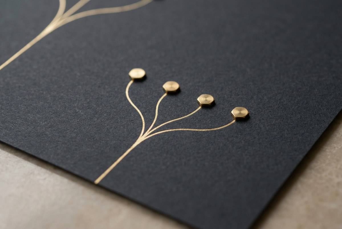 A macro detail of an elegant family-tree diagram etched as fine brushed-gold line-art on a single sheet of matte charcoal paper, its branchi