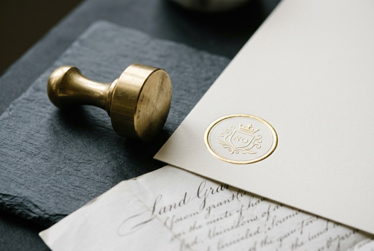 A tight macro of a heavy brass official classification stamp lying on its side on charcoal slate beside a freshly pressed gold-edged emblem