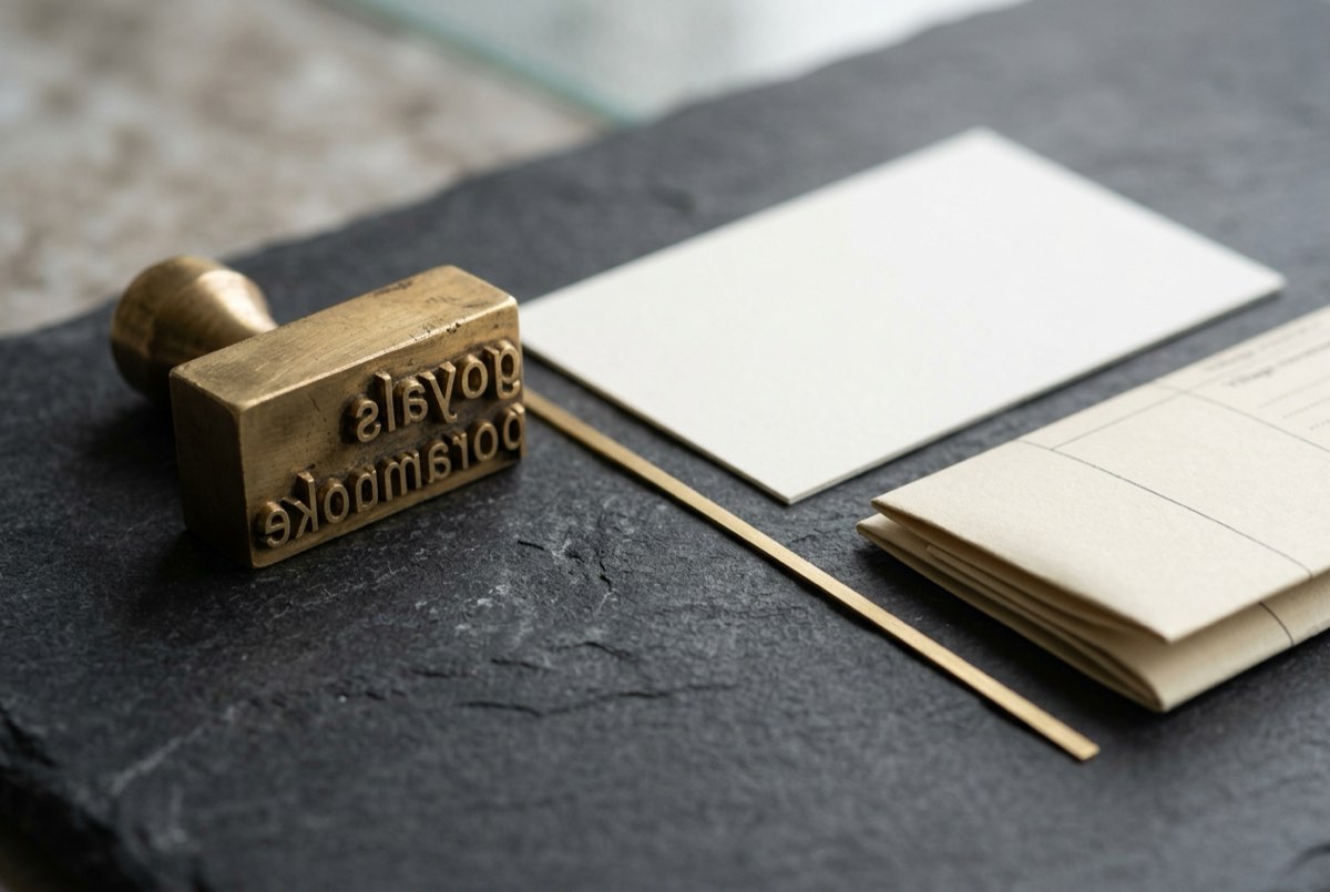 A macro detail of a brass land-classification stamp resting on its side beside a single crisp index card on charcoal stone, the stamp's reve