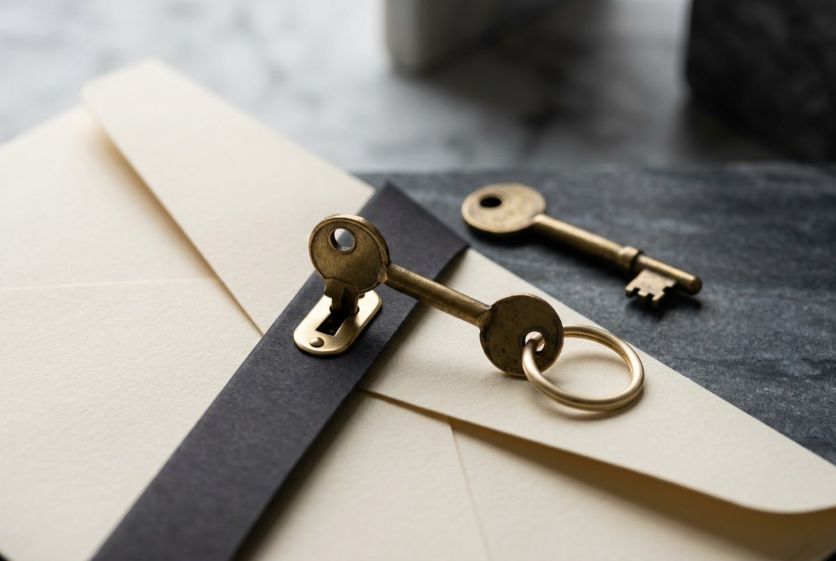 A macro detail of two brass keys lying on a folded deed: one key threaded onto a slim gold ring and fitted into a tiny brass keyhole plate