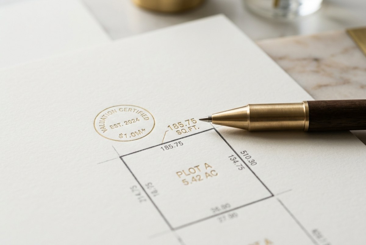 A tight macro detail of one survey parcel on off-white matte paper, where a brass-tipped pen points to a tiny engraved gold price-per-square