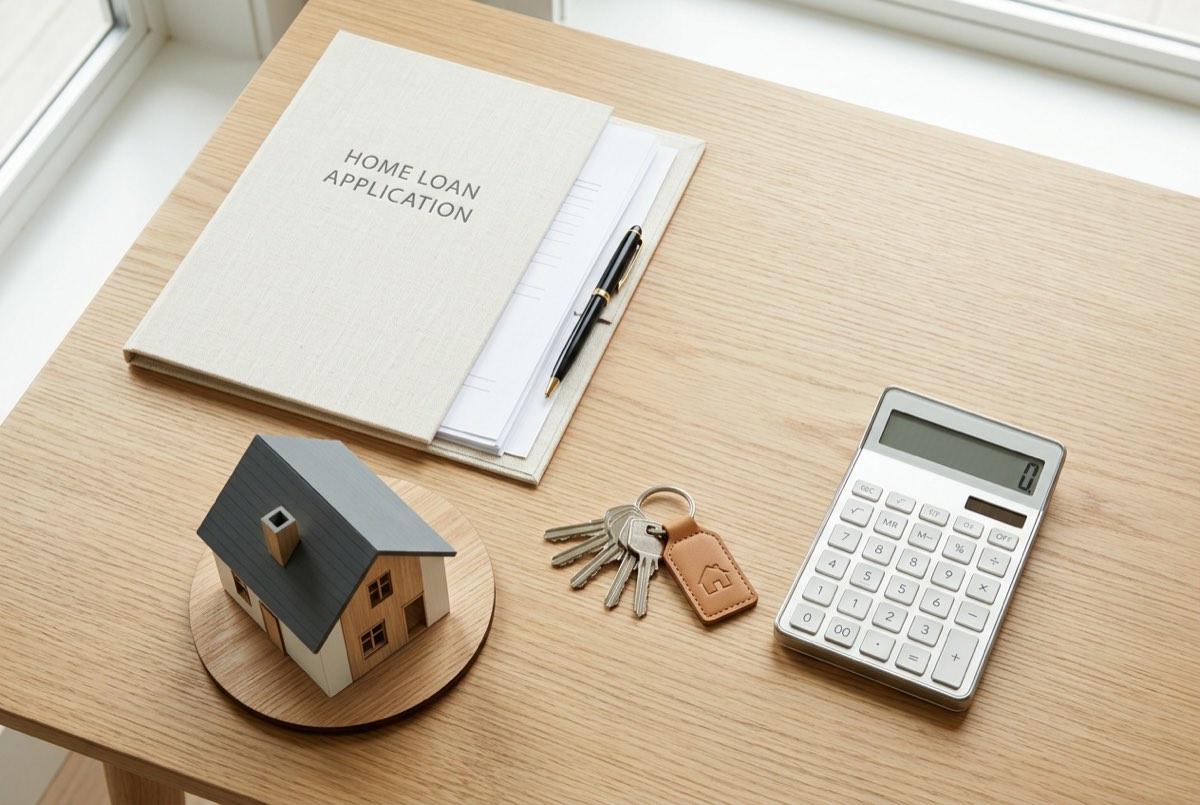 A clean light-wood desk flatlay: a home-loan document folder, a small model house, a set of house keys and a calculator in bright daylight