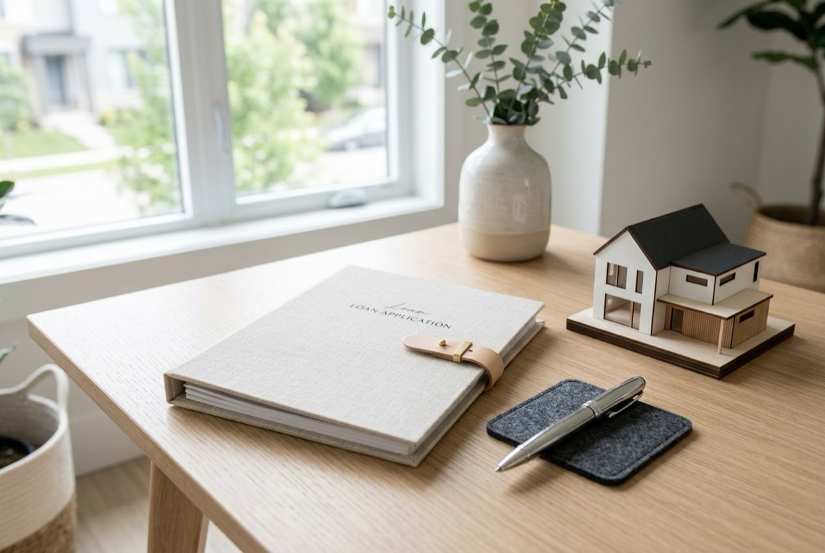A tidy desk detail: a loan application folder closed beside a pen and a small model house, soft daylight, minimal and modern