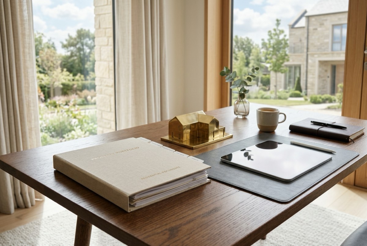 A premium desk with a neat property-document folder, a small brass house model and a sleek tablet, soft bright daylight, professional and un