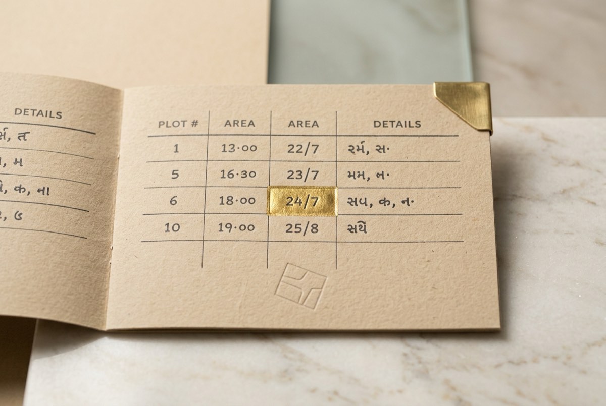 A macro detail of one open record card on warm sand-toned paper, its rows of land entries rendered in restrained charcoal type with a single