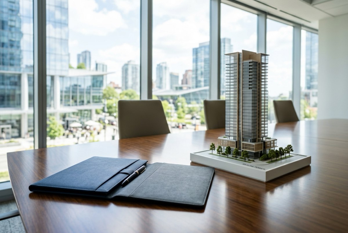 A polished boardroom table detail: two professional document folders meeting beside a small modern building model, bright daylight, no peopl