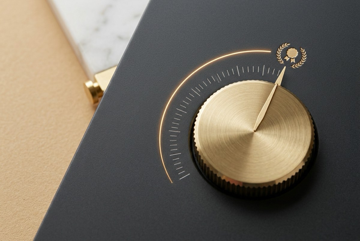 A tight macro of a brushed-gold rotary download dial set into a matte charcoal panel, its needle sweeping a fine arc of tiny engraved tick m