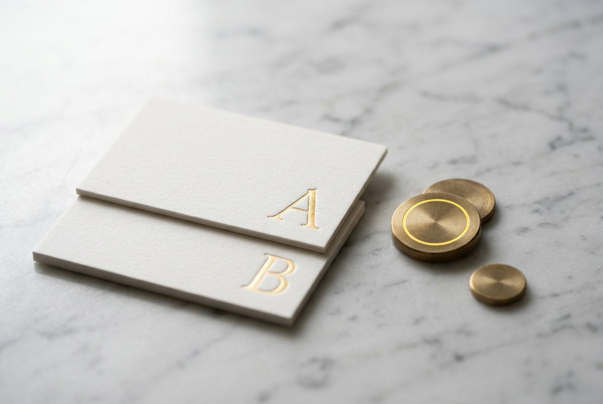 A macro detail of two stacked matte-paper cards on marble, each embossed with a single gold glyph — "A" and "B" — sitting beside a small clu