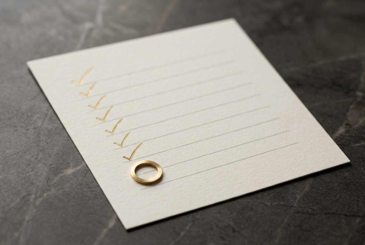 A tight macro detail of a single sheet of warm sand-toned paper bearing a column of fine gold checkmarks ticking down a list of clean blank