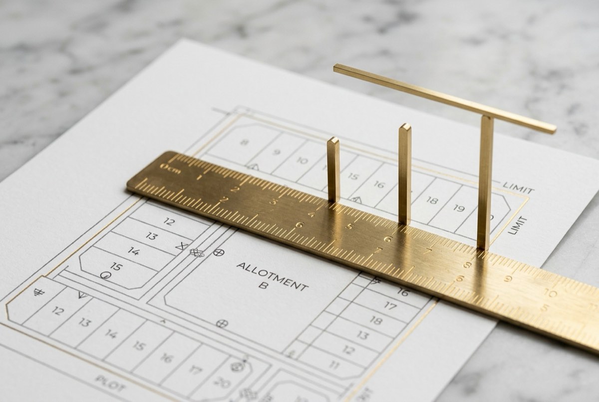 A macro detail of a precise brass ruler laid across an elegant fine-line plot map, its gold graduations marking out equal divisions, with th