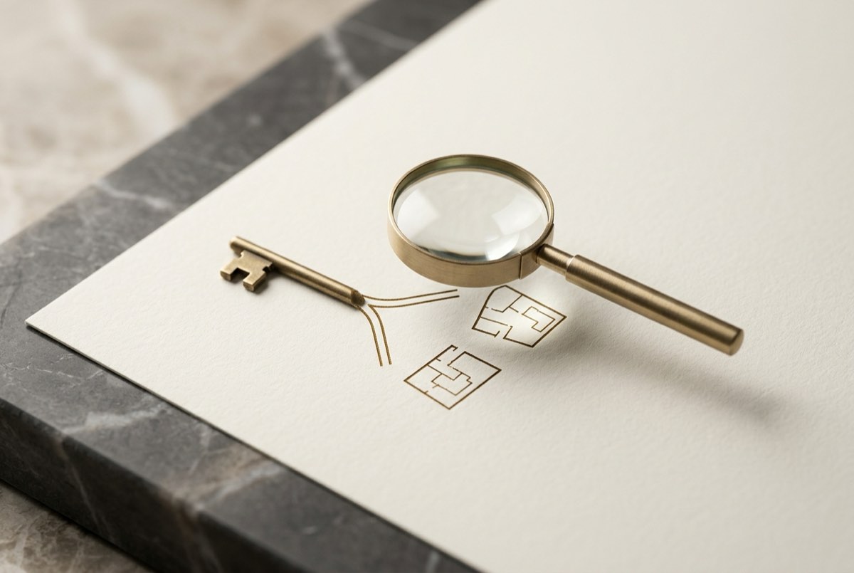 A macro detail of a single thin brass key resting on a crisp sheet of paper, but the key's bow splits into two diverging gold-etched lines t