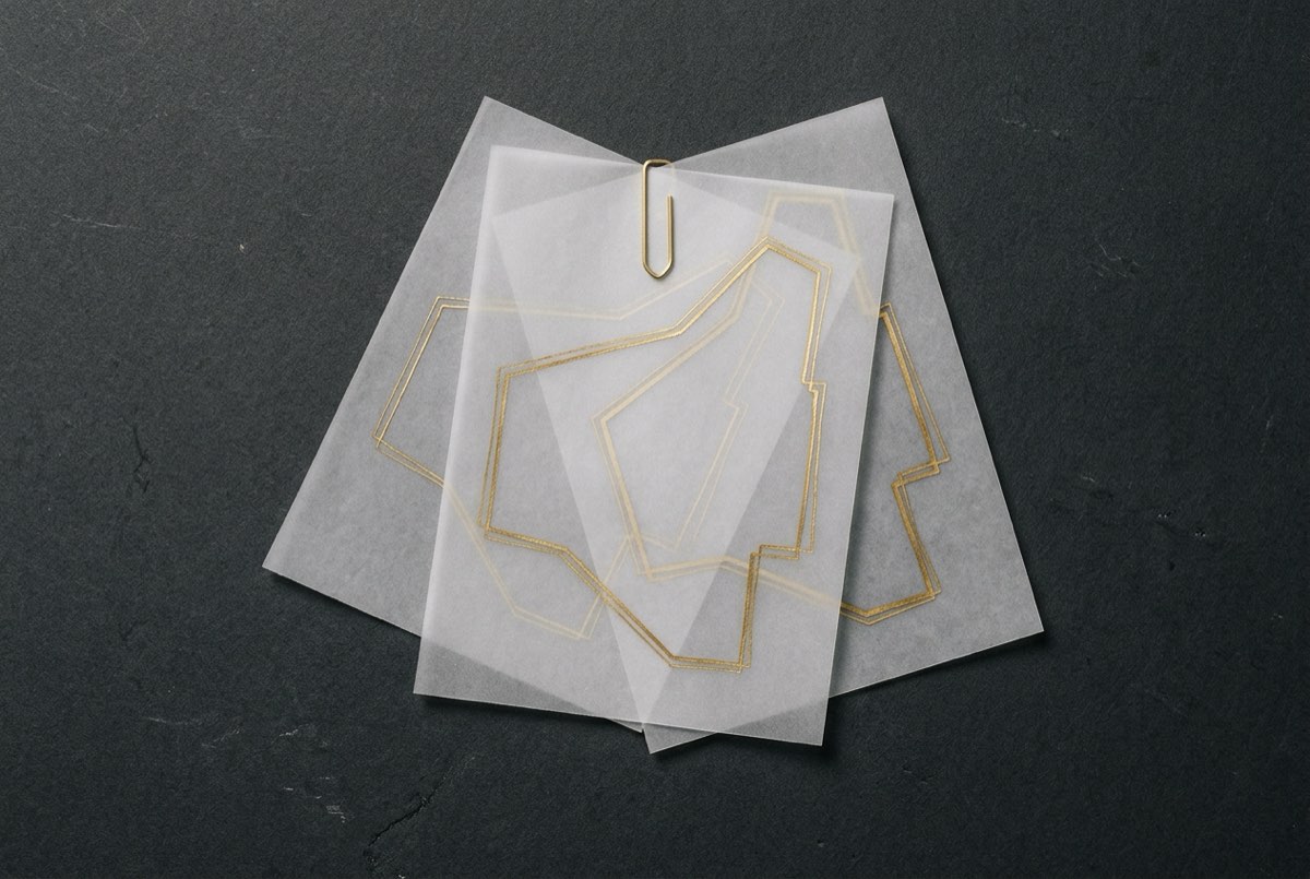 A tight overhead flatlay on charcoal of three translucent vellum sheets fanned and clipped together with a single slim brass paperclip, each