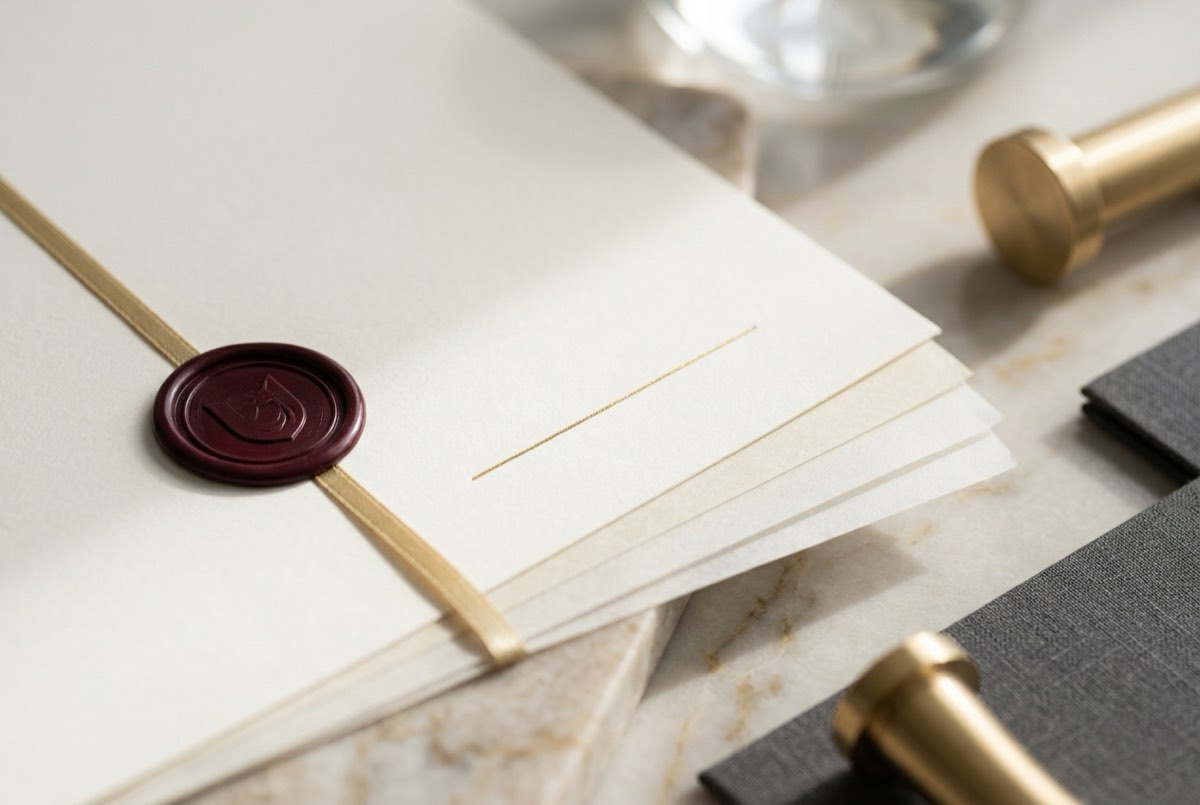 A tight macro of the court decree's lower corner: a circular embossed wax seal in deep wine-red pressed over a thin gold ribbon, beside an e