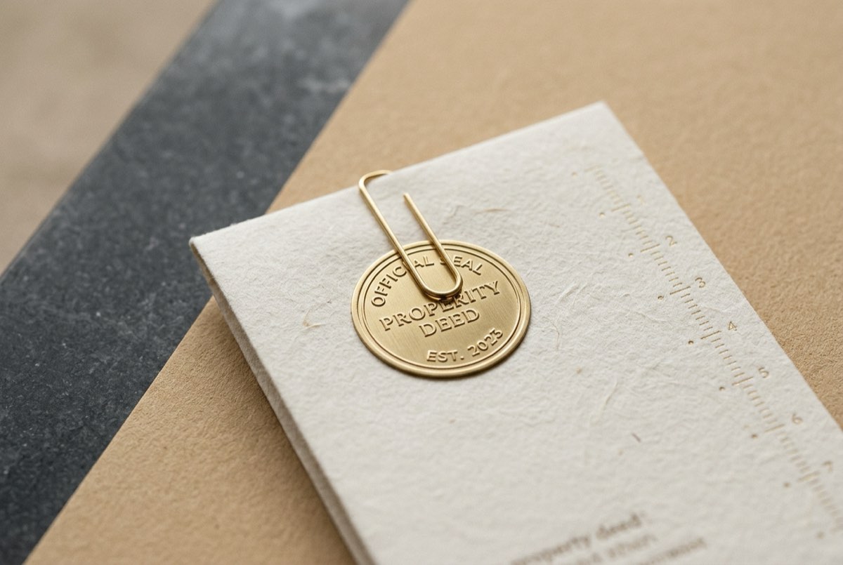 A macro detail on warm sand paper of a partly folded property deed bearing a crisp embossed brass roundel reading as an official notation, a