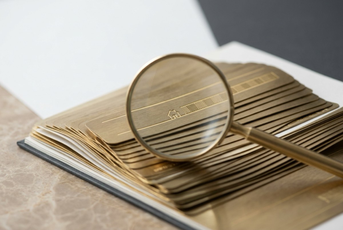 A macro detail of a brushed-brass ledger fanned into overlapping rows, each row a separate lender's charge entry rendered as a thin gold lin