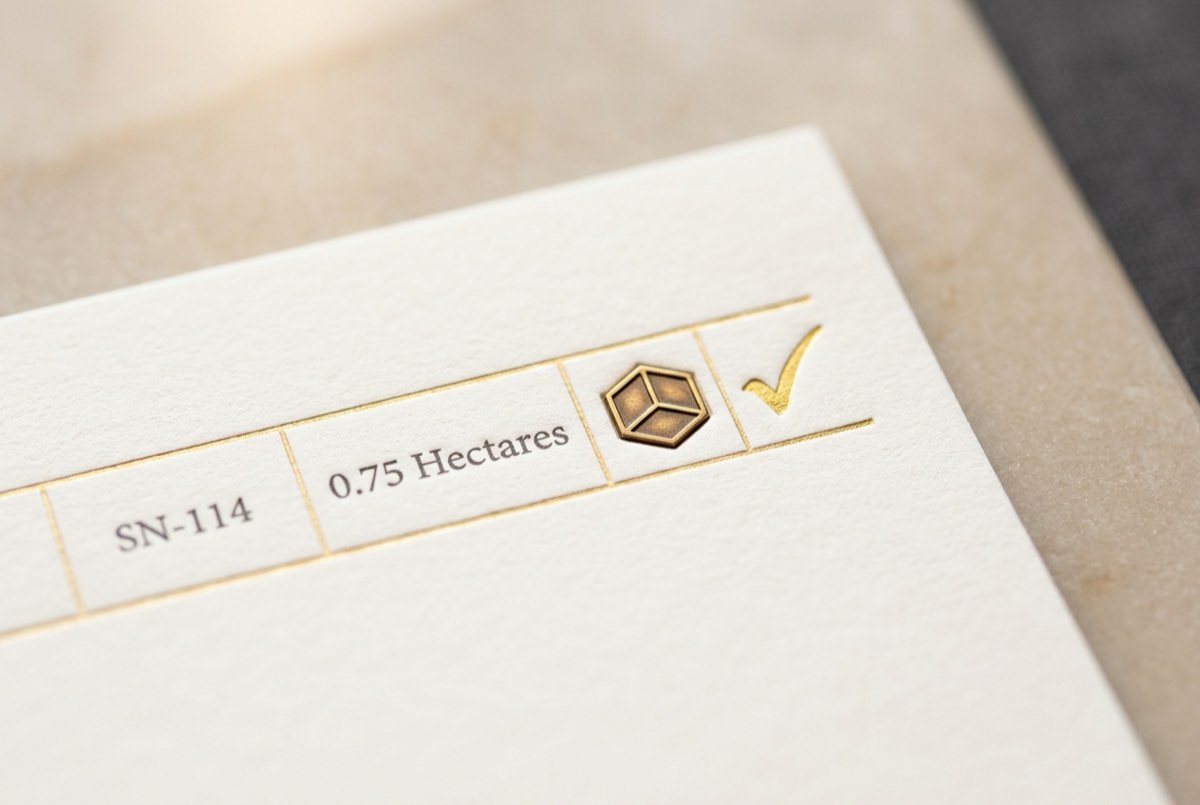A macro detail of a single landholder row on the 1B record card: a fine gold-ruled line item with a survey-number cell and an extent figure