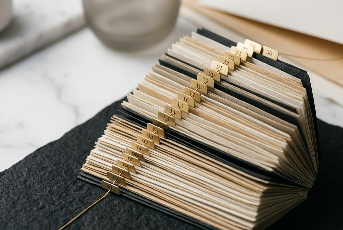 A tight macro on charcoal of a fanned vertical timeline of deed edges, each layer marked by a small numbered brass index tab stepping back i